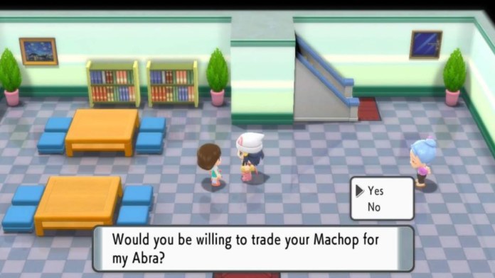 a trainer talking to a trainer about a pokemon trade
