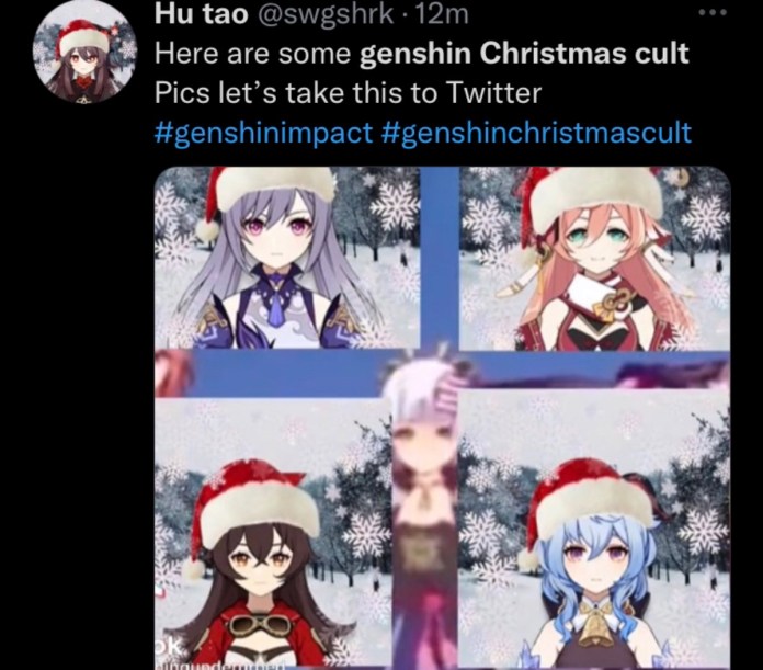 four characters from genshin impact in santa hats