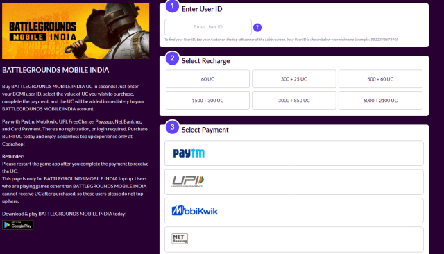Codashop Battlegrounds Mobile India website