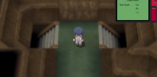 the trainer standing in front of a wall in the solaceon ruins in pokemon brilliant diamond