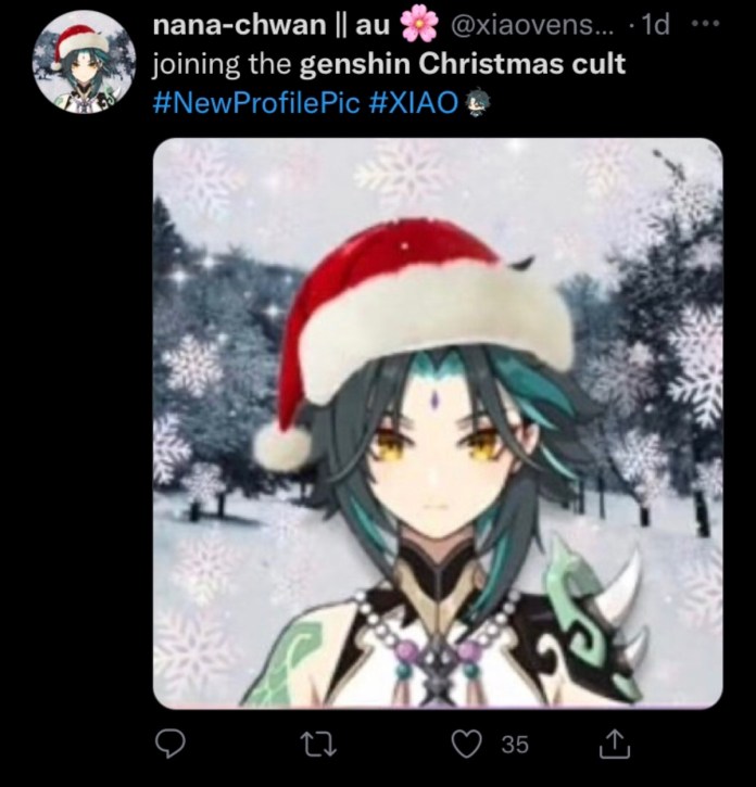Xiao from Gensin Impact in a Santa hat