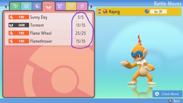 A Monferno's moveset in Pokemon Brilliant Diamond