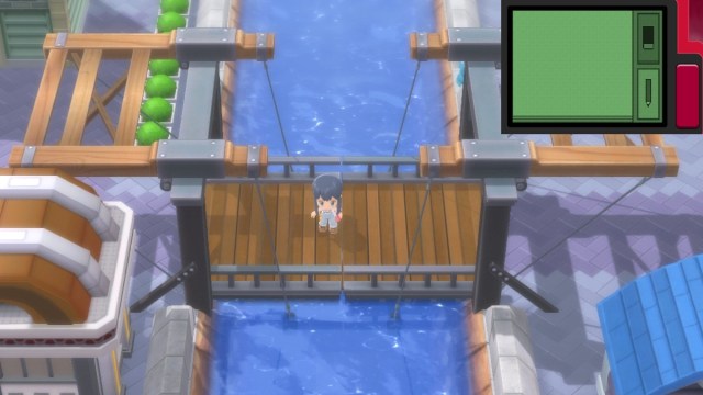 A trainer standing on the bridge in canalave city in pokemon brilliant diamond 