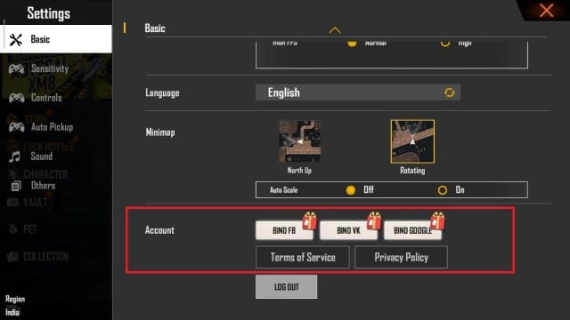 Binding Free Fire account with Facebook or Google
