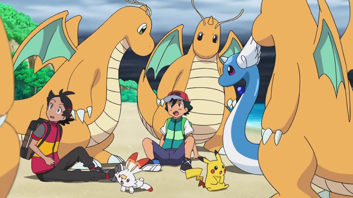 A group of dragonite surrounding ash and goh in pokemon journeys