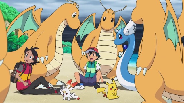 A group of dragonite surrounding ash and goh in pokemon journeys