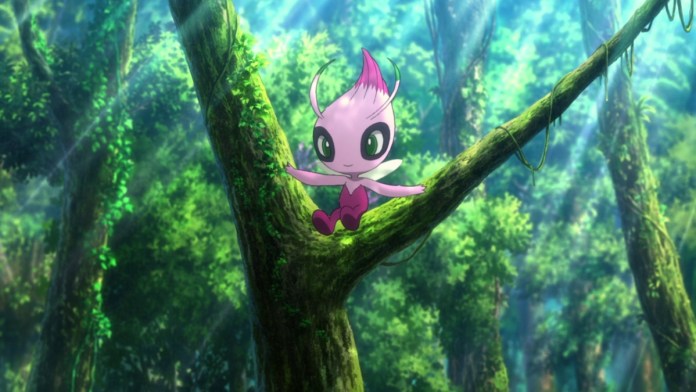 shiny celebi from pokemon in a forest