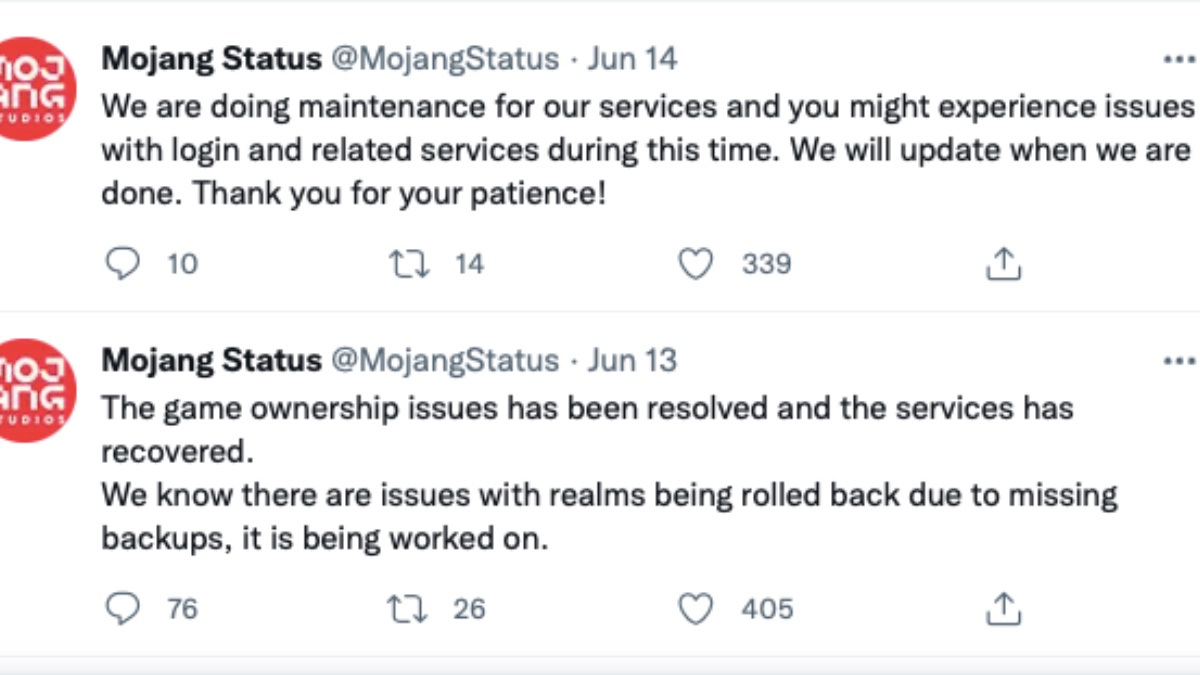 Tweets from the Mojang Status page for Minecraft.