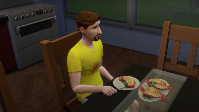 A man eating lobster in The Sims. 