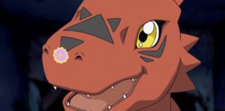 guilmon with a flower on their nose