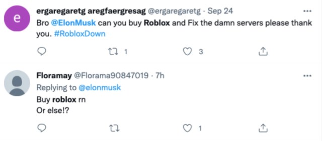 Tweets about Elon Musk buying Roblox.