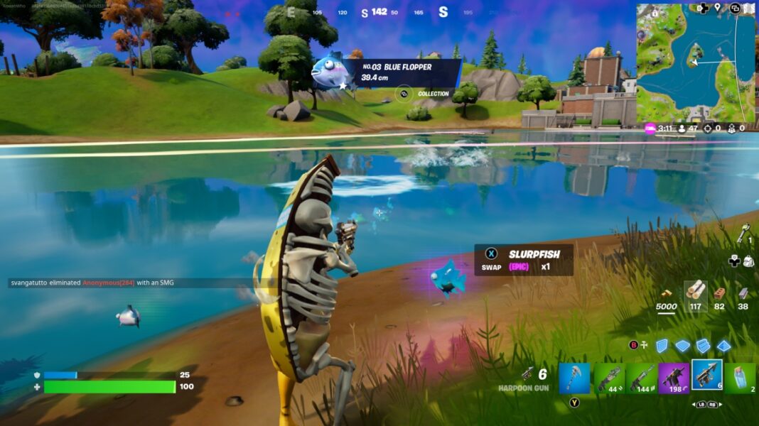 Using a Harpoon Gun in Fortnite to catch Slurp Fish (screenshot by