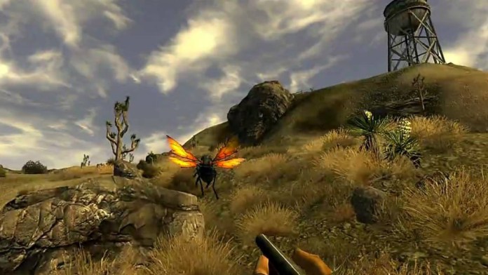 Shooting a bug in Fallout New Vegas.