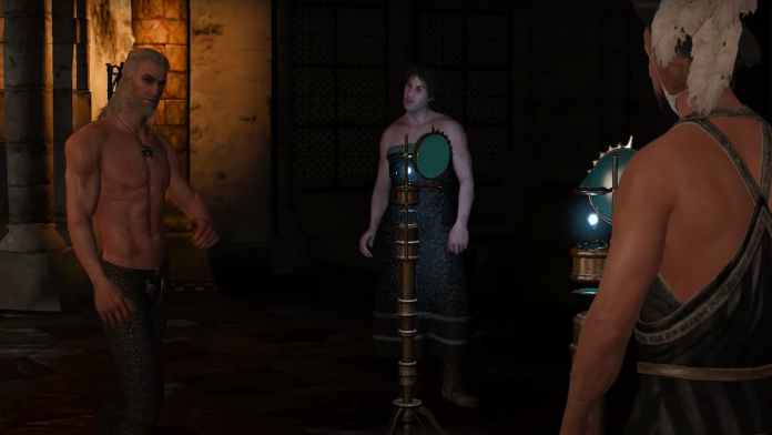 Geralt, Eskel, and Lambert in Yennefer's dresses