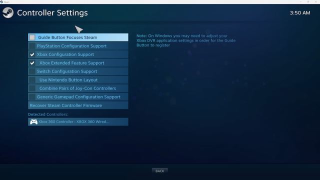 Steam Controller Settings Menu