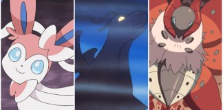 sylveon, dragonite and volcarona from pokemon