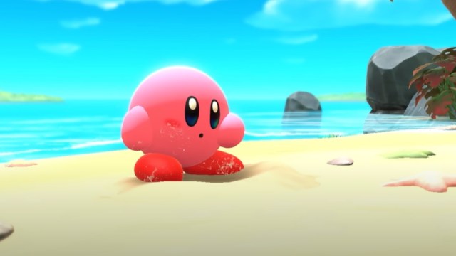 Kirby on a beach in the forgotten land.