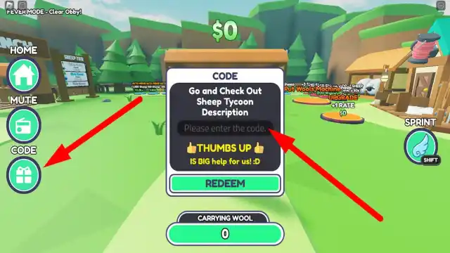 How to redeem codes in Sheep Tycoon Roblox