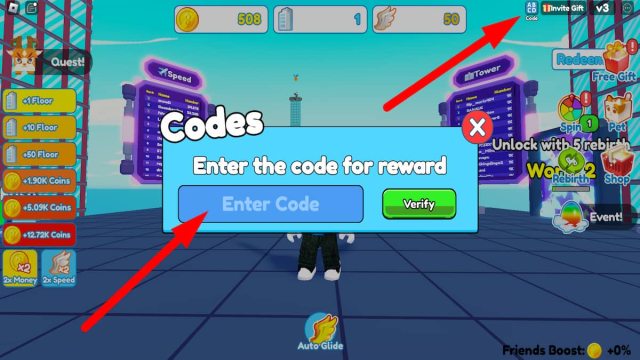 How to redeem codes in Building Towers to Fly Farther on Roblox